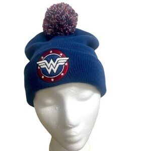 Wonder Woman Beanie Hat Super Comic WW embroidered star logo Blue Red Pom OSFM